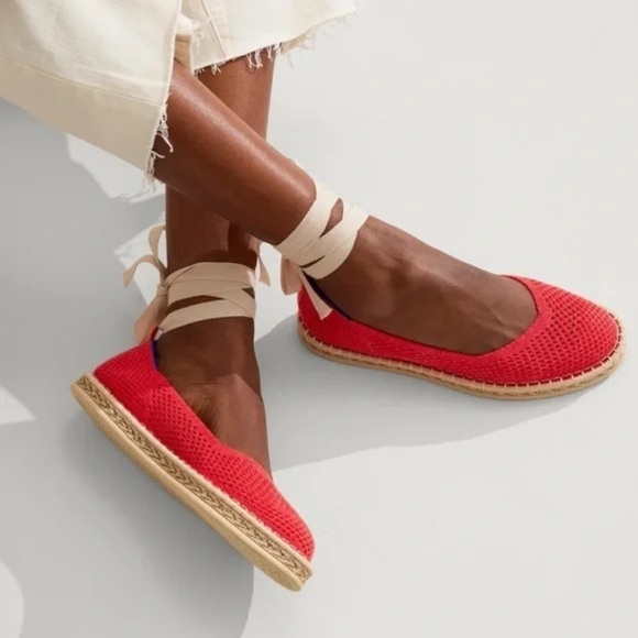 Rothy's The Espadrille Flats Red Hot Size 11.5 Jute Midsole Ankle Ties NWOB - Picture 1 of 10